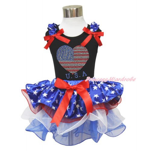 American's Birthday Black Baby Pettitop with Patriotic American Star Ruffles & Red Bow with Sparkle Crystal Bling Rhinestone USA Heart Print with Red Bow Patriotic American Star Red White Blue Petal Newborn Pettiskirt NG1540